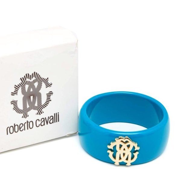 NEW Rare Luxe Authentic ROBERTO CAVALLI Teal Blue Gold Logo Wide Bangle Bracelet